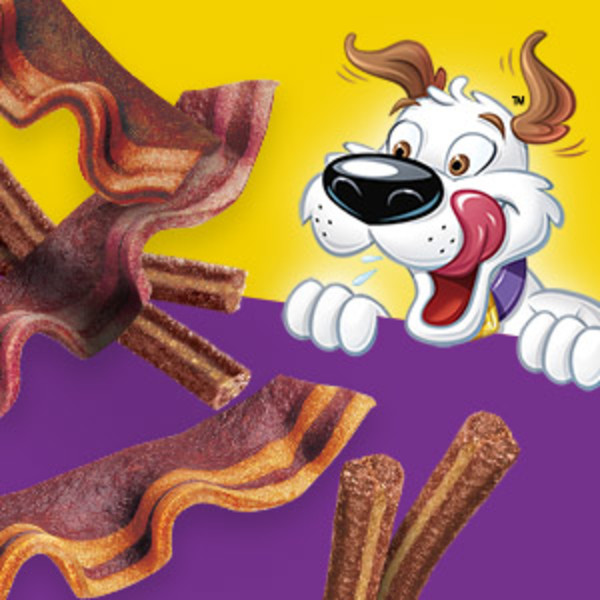 Hamlet the dog licks his lips while looking at Beggin’ Strips and Stix treats on a purple background.