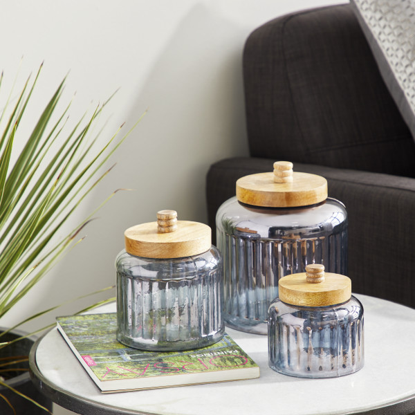 DecMode 8, 9, 11H Clear Glass Decorative Jars with Wood Lids, 3-Pieces