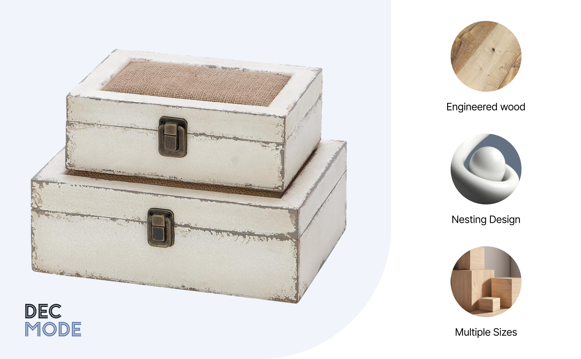 DecMode White Wooden Decorative Box with Hinged Lid, 2 Count