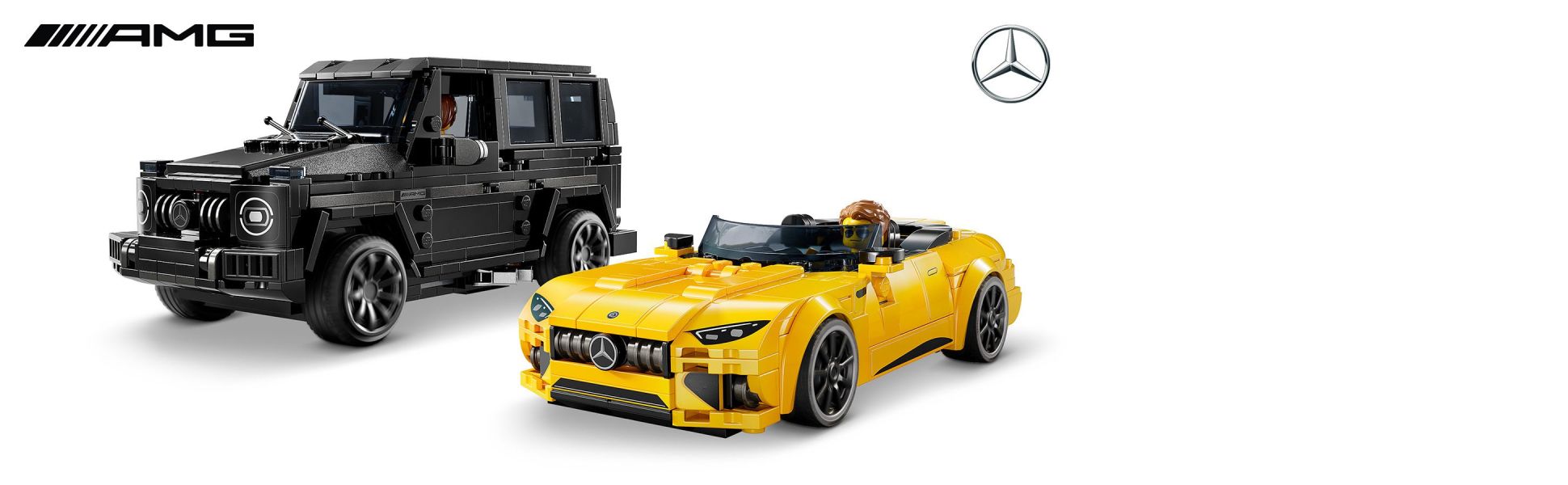 Stage races between 2 models: the Mercedes-AMG G 63 black SUV and the Mercedes-AMG SL 63 yellow convertible roadster.