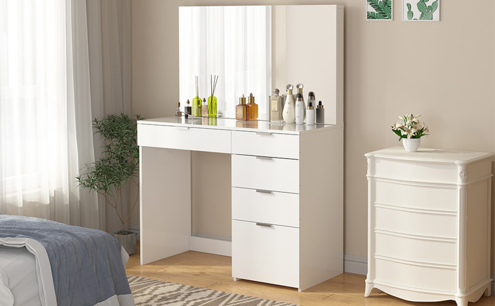 SUGIFT Modern Vanity Table Vanity Desk with 5 Drawers White