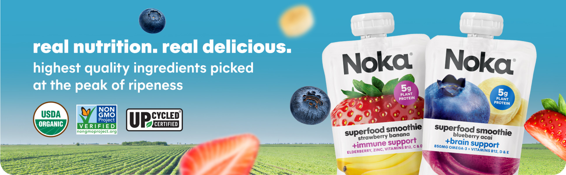 Noka Organic Superfood Smoothie Pouches, Plant Protein, Cherry
