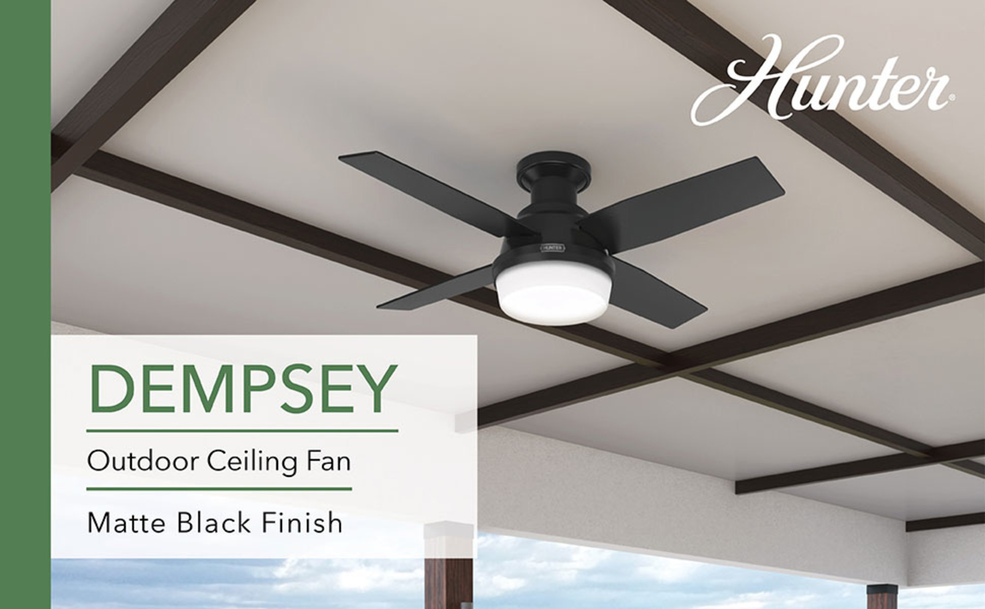 Hunter 44in Dempsey Low Profile Outdoor Ceiling Fan in Matte Black with LED Light and Handheld Remote