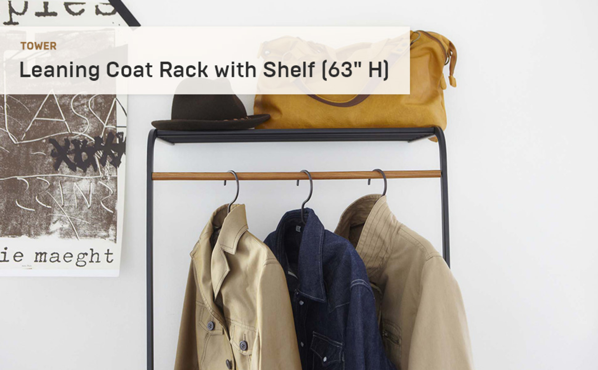 Yamazaki Home Leaning Coat Rack with Shelf, Black, Steel, Supports