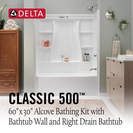 Classic 500 60 in. x 30 in. Alcove Right Drain Bathtub and Wall Surrounds in High Gloss White