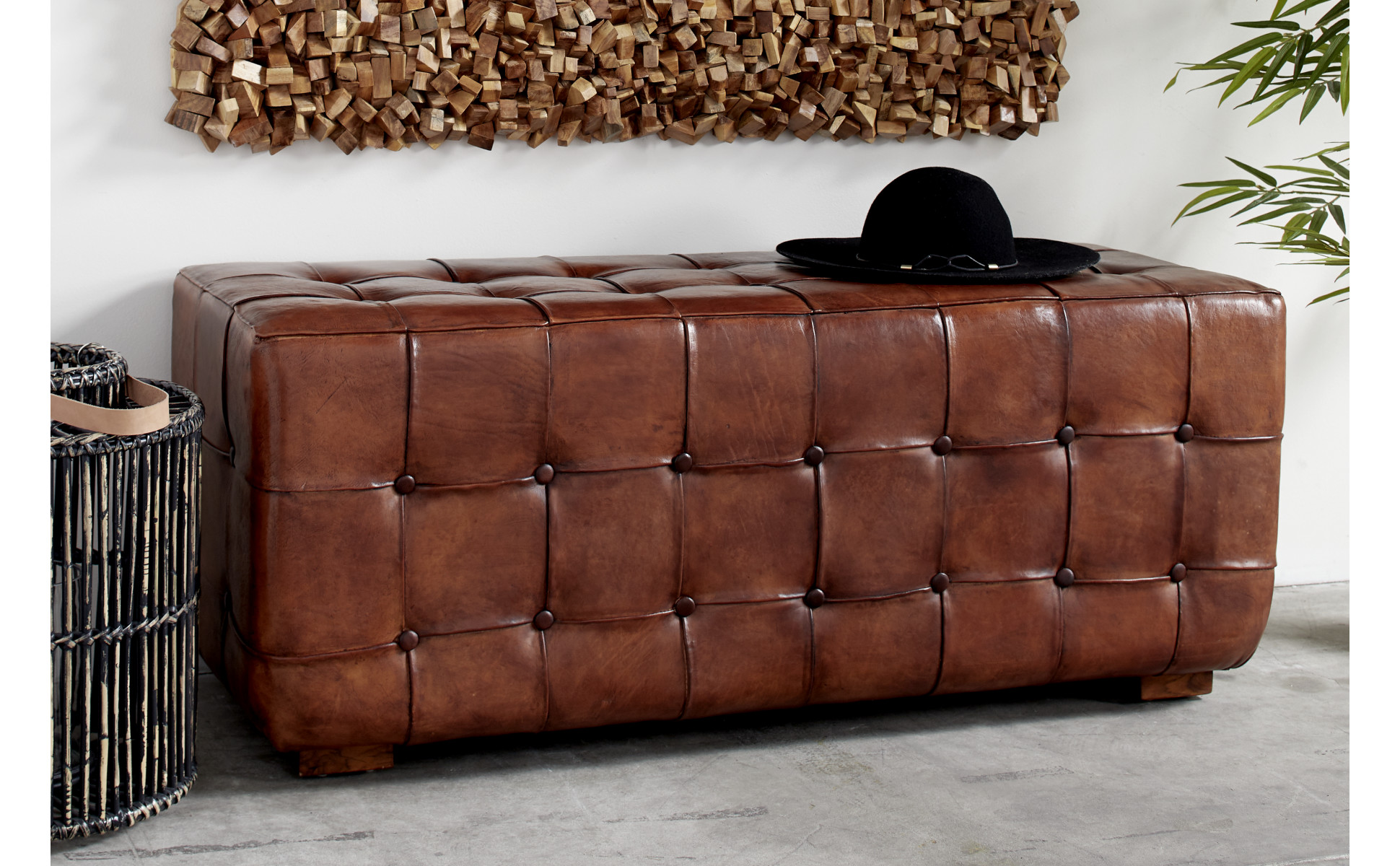 Brown authentic leather bench