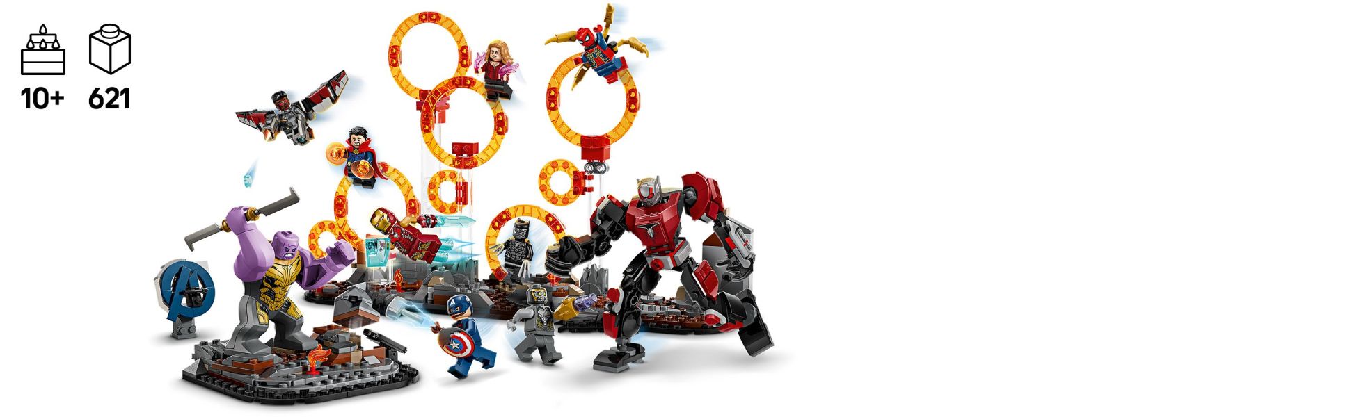 This comprehensive re-creation of the famous Super Hero battle scene features sling ring portals and 9 minifigures.