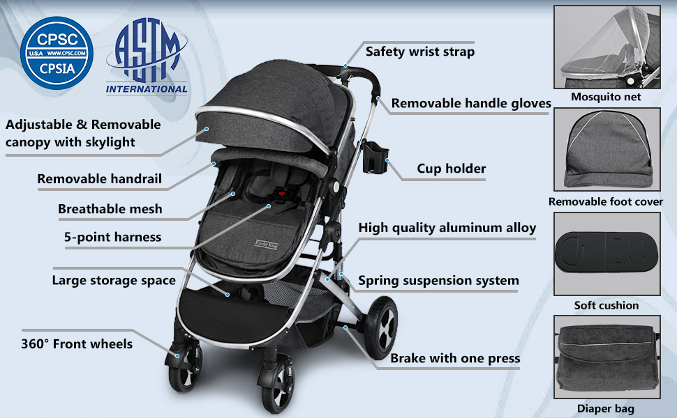 Kinder King Cochecito de bebé reversible 3 en 1 con bandeja desmontable,  convertido en cochecito de cuna para recién nacido, carro plegable para  niños