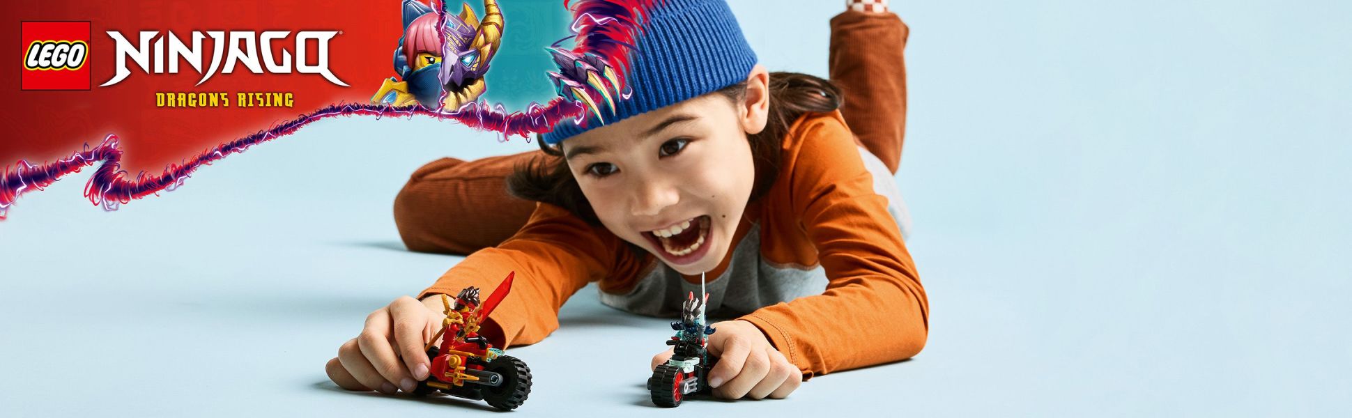 Building kit with 2 ninja bike toys and 2 minifigures lets kids recreate scenes from season 3 of NINJAGO Dragons Rising.