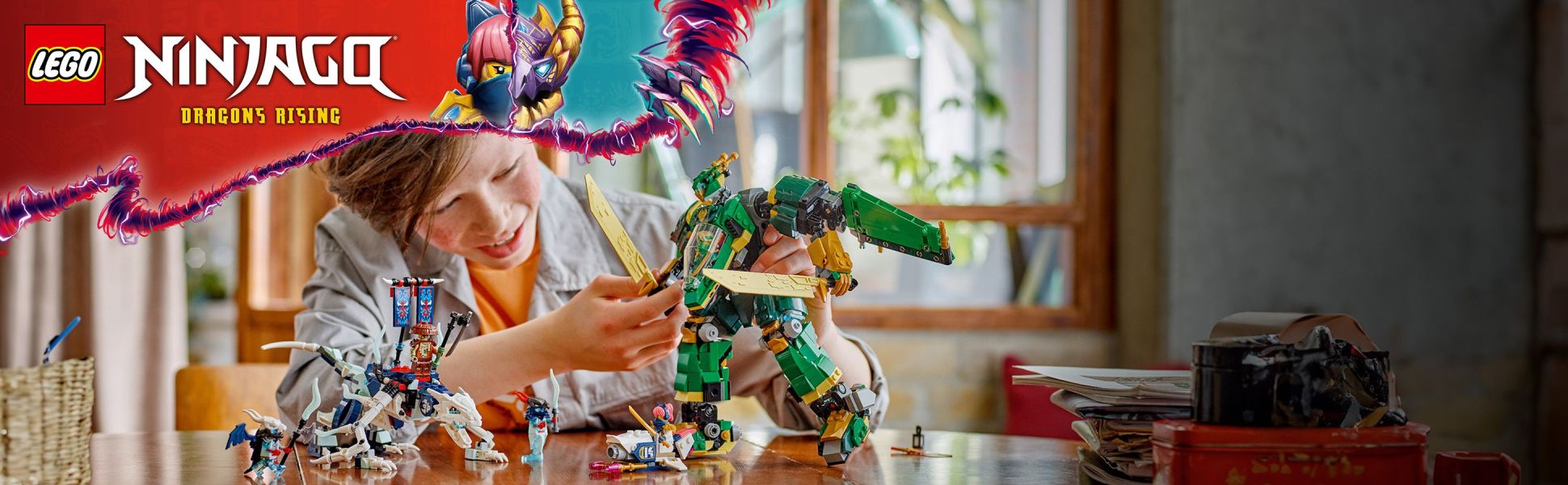 Kids enjoy ninja action with a playset featuring a mech that transforms into a jet, plus a bike toy, dragon toy and 5 minifigures.