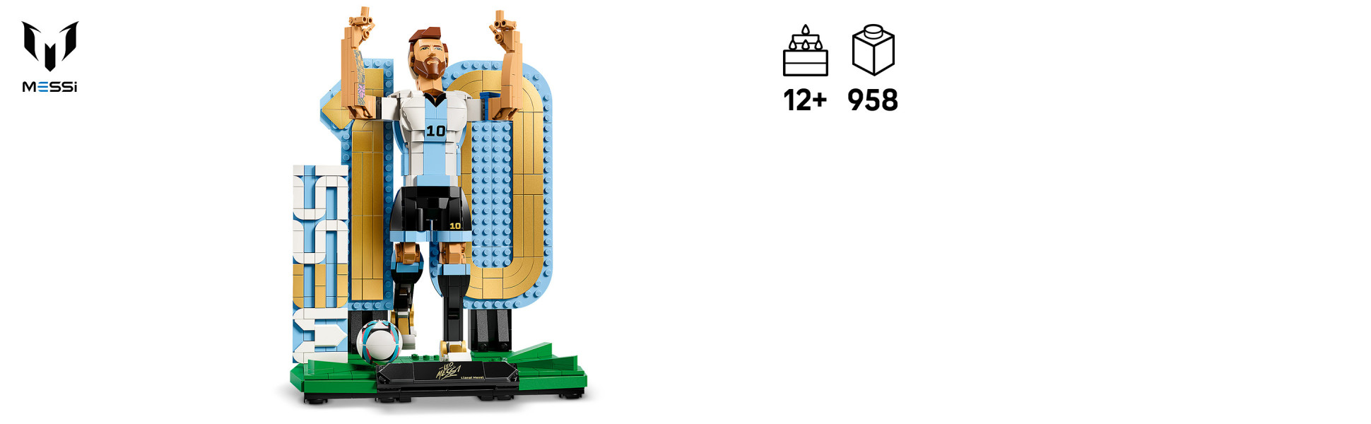 Assemble the Lionel Messi figure in his signature victory pose or in a dynamic running pose that shows him dribbling a ball.