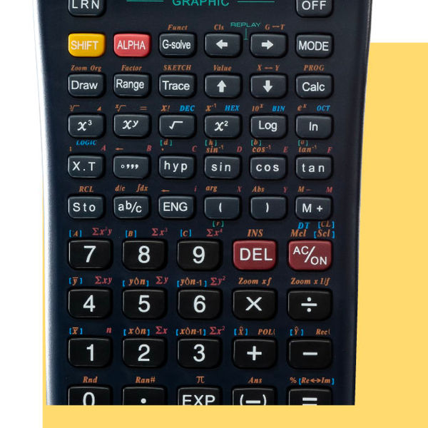 Close-up of School Smart graphing calculator keypad and math functions.