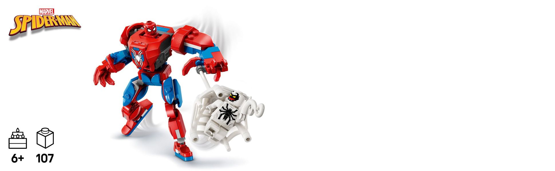 The mech has movable arms, legs and fingers, and the torso opens to reveal a cockpit that can hold the Spider-Man minifigure.