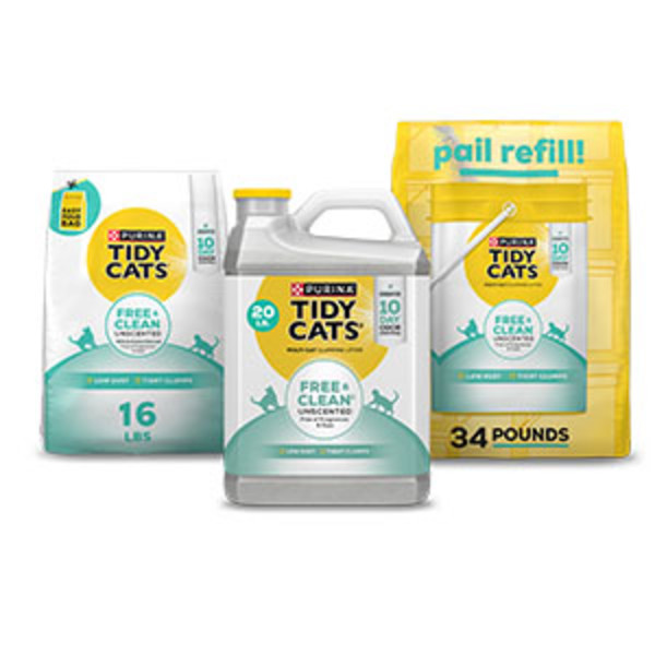 Line up of Tidy Cats Free and Clean Unscented products.