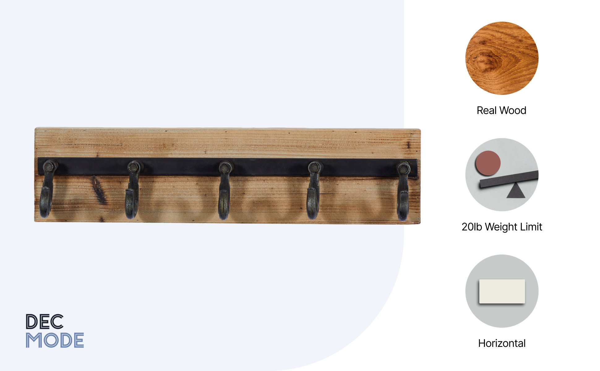 DecMode Wood Industrial Wall Black/Brown Hook Rack 24