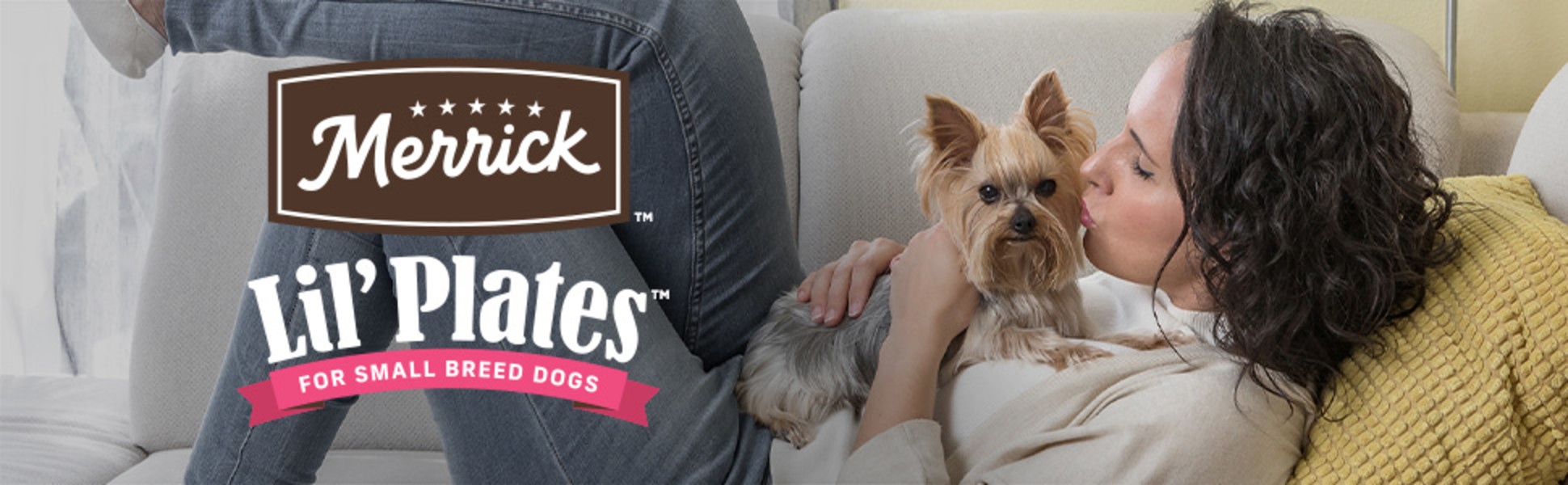 Image With Woman and Dog And Merrick Lil' Plates Dog Food For Small Breed Dogs  Logo