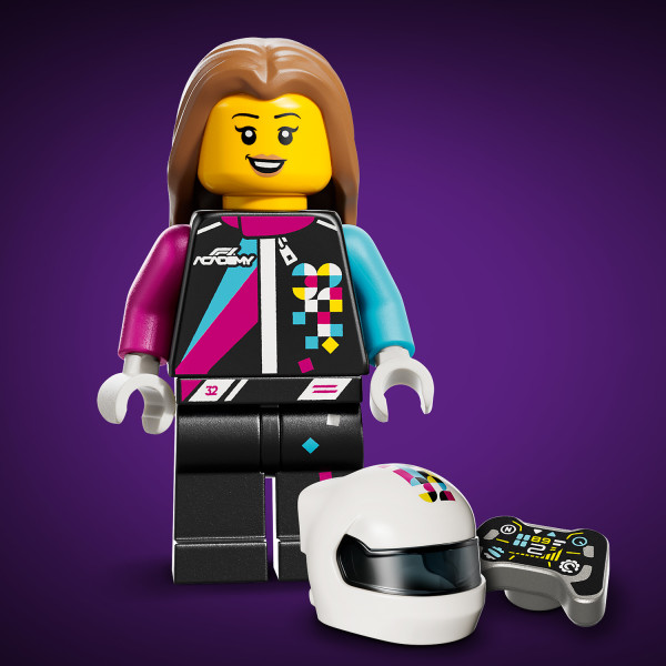 A female F1 ACADEMY driver with a helmet, wig and wrench.