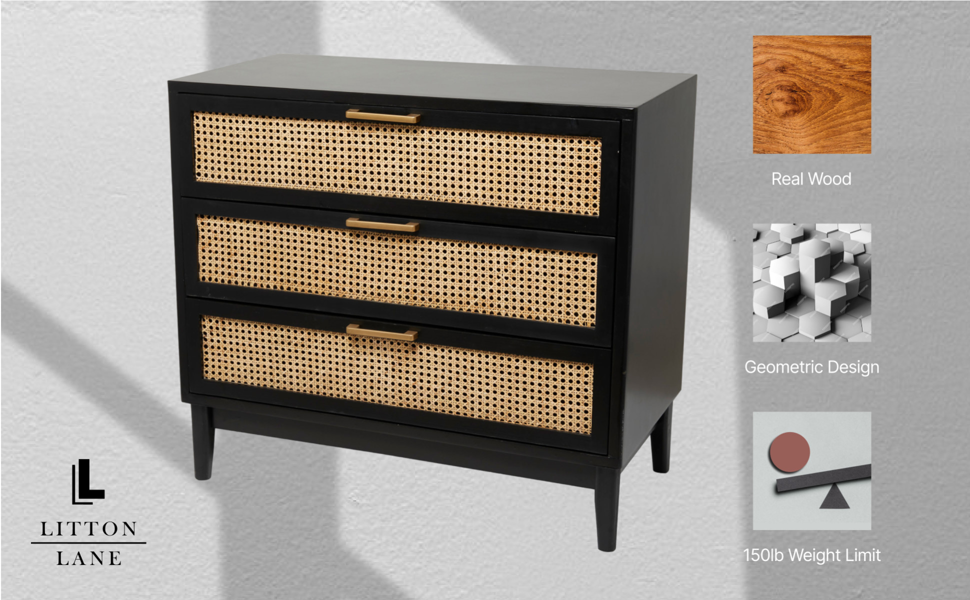 Litton Lane 36 in. W Black Wood 3 Drawer Cabinet with Cane Front