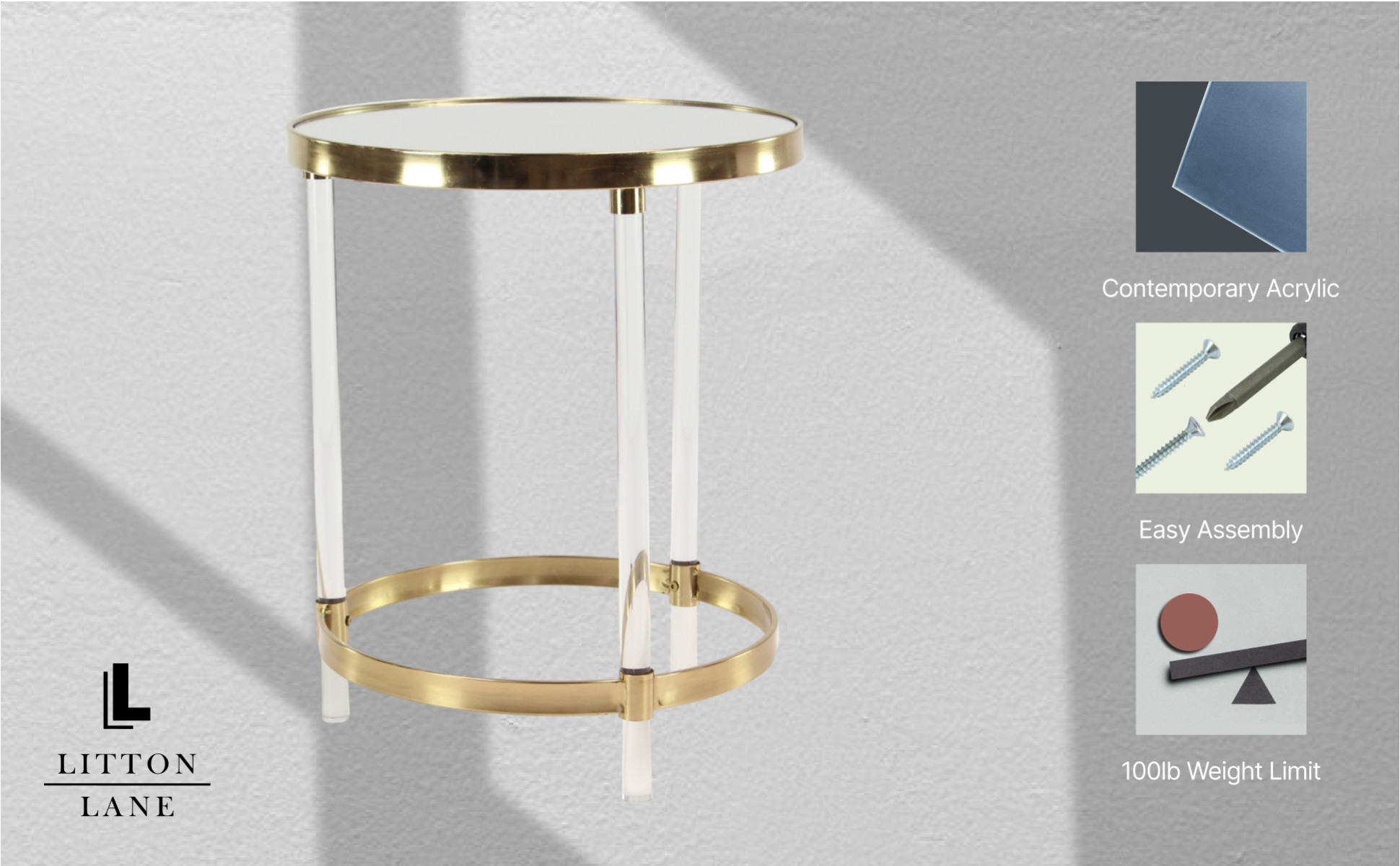 Litton Lane 19 in. Gold Large Round Mirrored End Table with