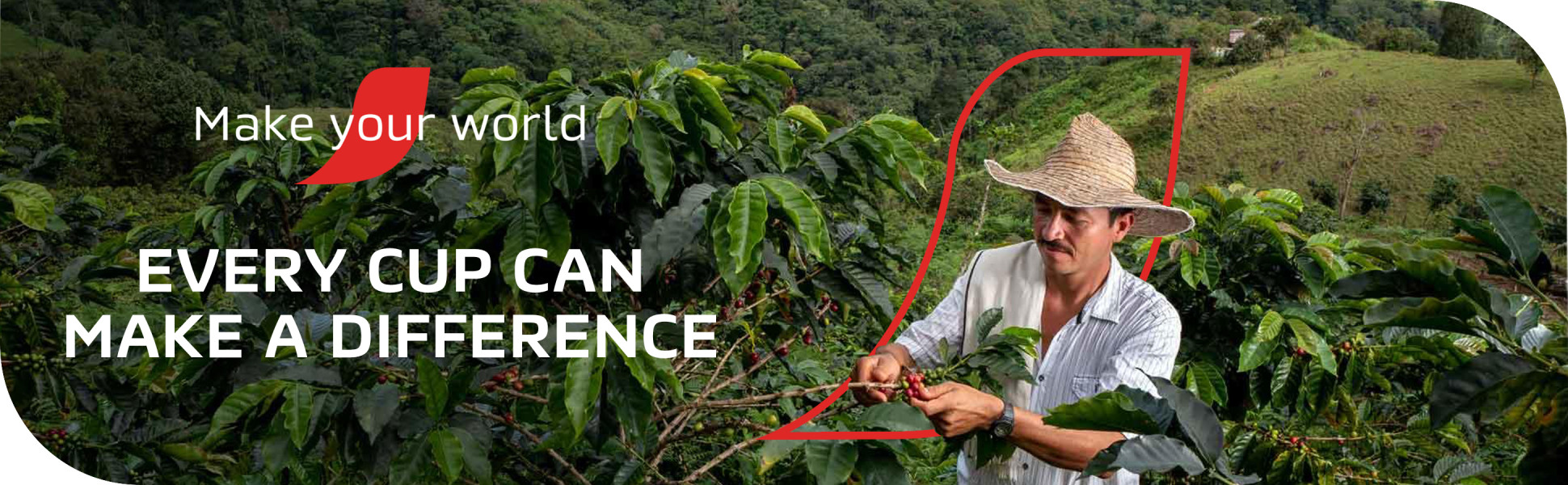 A farmer picking coffee cherries off a coffee tree. Make your world. Every cup can make a difference