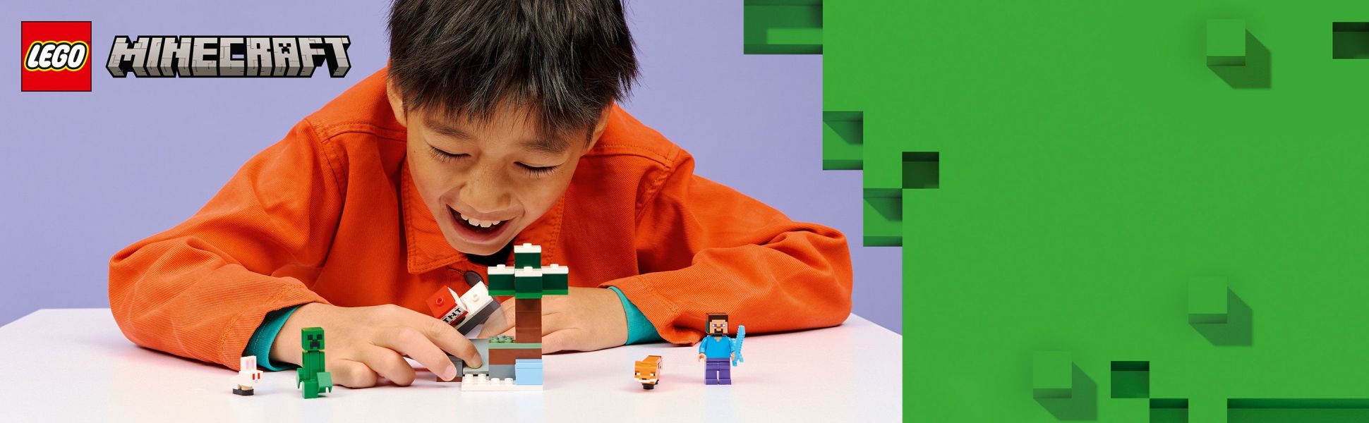 Jump into Minecraft battle action, treasure hunting and explosive fun with Steve, a Creeper , fox and a baby bunny.