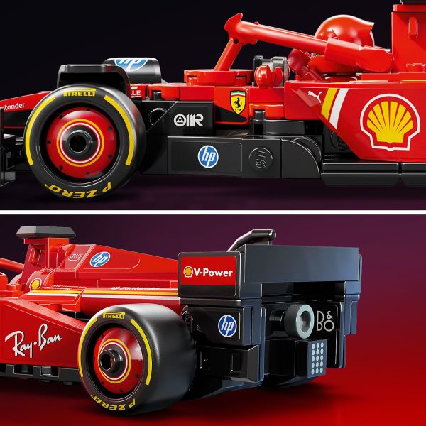 Race car includes team-sponsor logos and a rear wing.