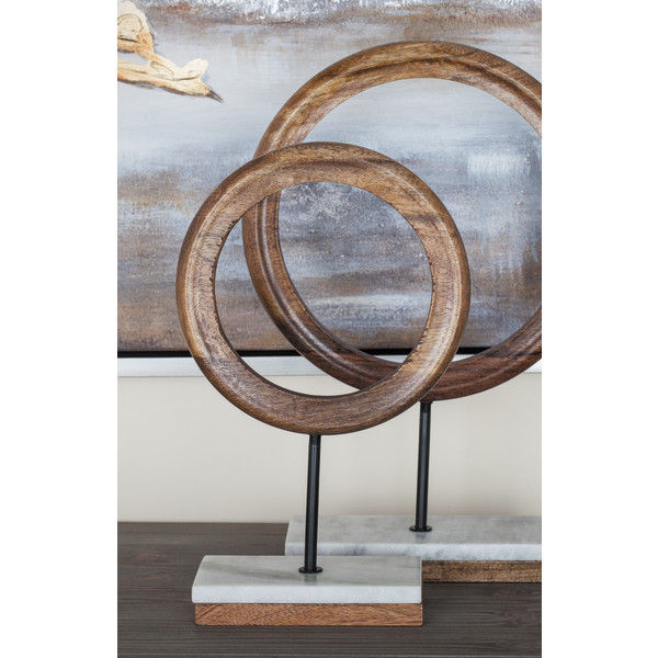 Litton Lane Brown Mango Wood Circle Geometric Sculpture with Marble Stand  94518 - The Home Depot