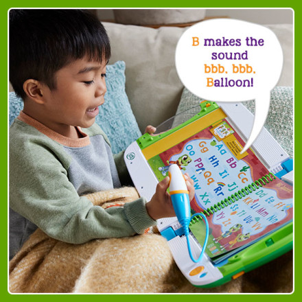 Kid listens and reads letter along with book. B makes the sound bbb, bbb. Balloon!