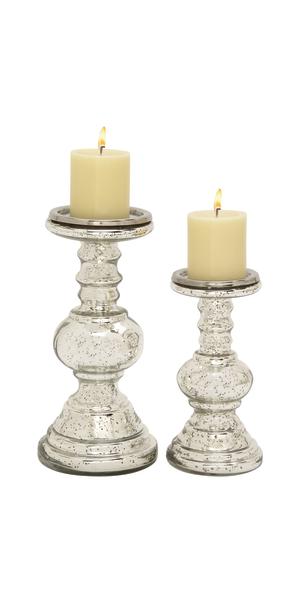 Silver Glass  Handmade Turned Style Pillar Candle Holder, Set of 2 9", 12"H