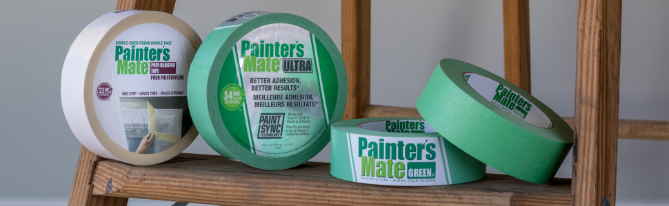 Painter's Mate Brand  tapes including Painter's Mate Poly Hanging Tape Tape, Painter's Mate Ultra and Painter's Mate Green rolls.