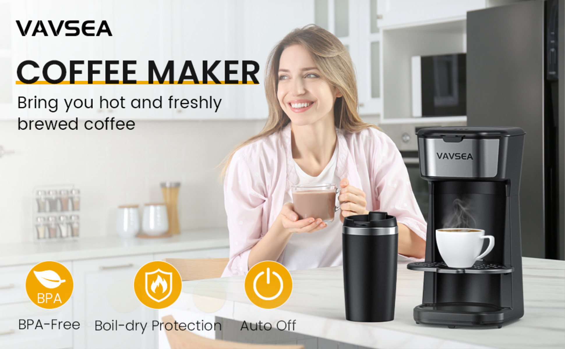 VAVSEA Single-Serve Coffee Maker Brewer 14Oz with Thermal Travel Mug and  Reusable Filter, 600W Personal Coffeemaker for Ground Coffee 