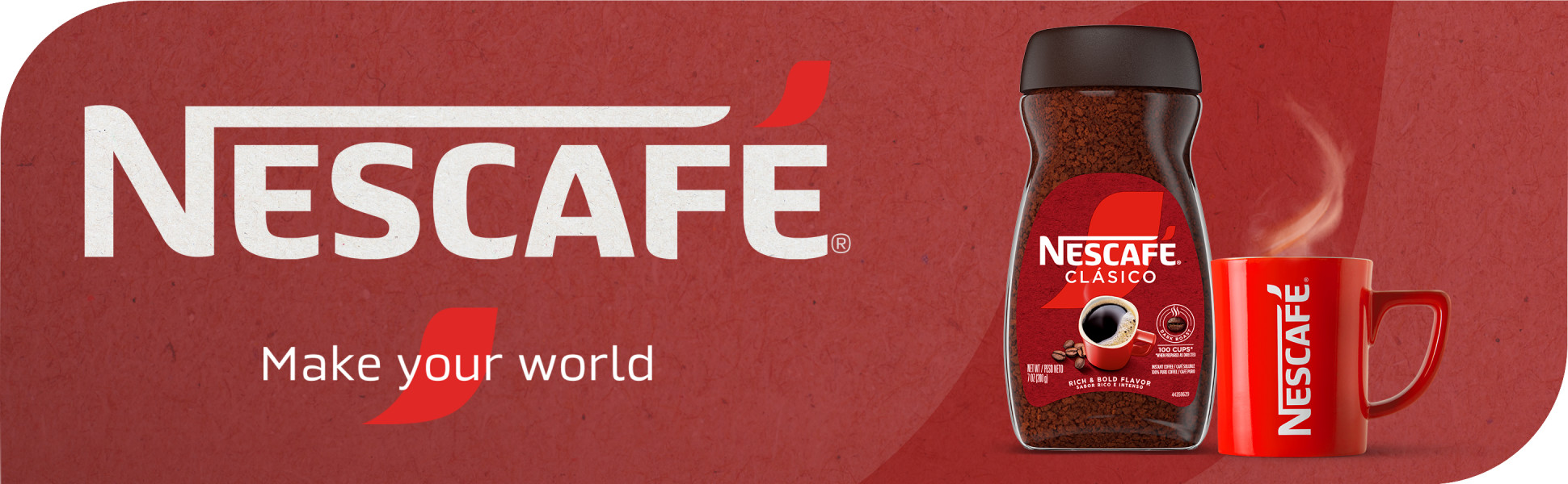 A full jar of NESCAFÉ Clásico next to a steaming red NESCAFÉ mug. Tagline: NESCAFÉ. Make your world