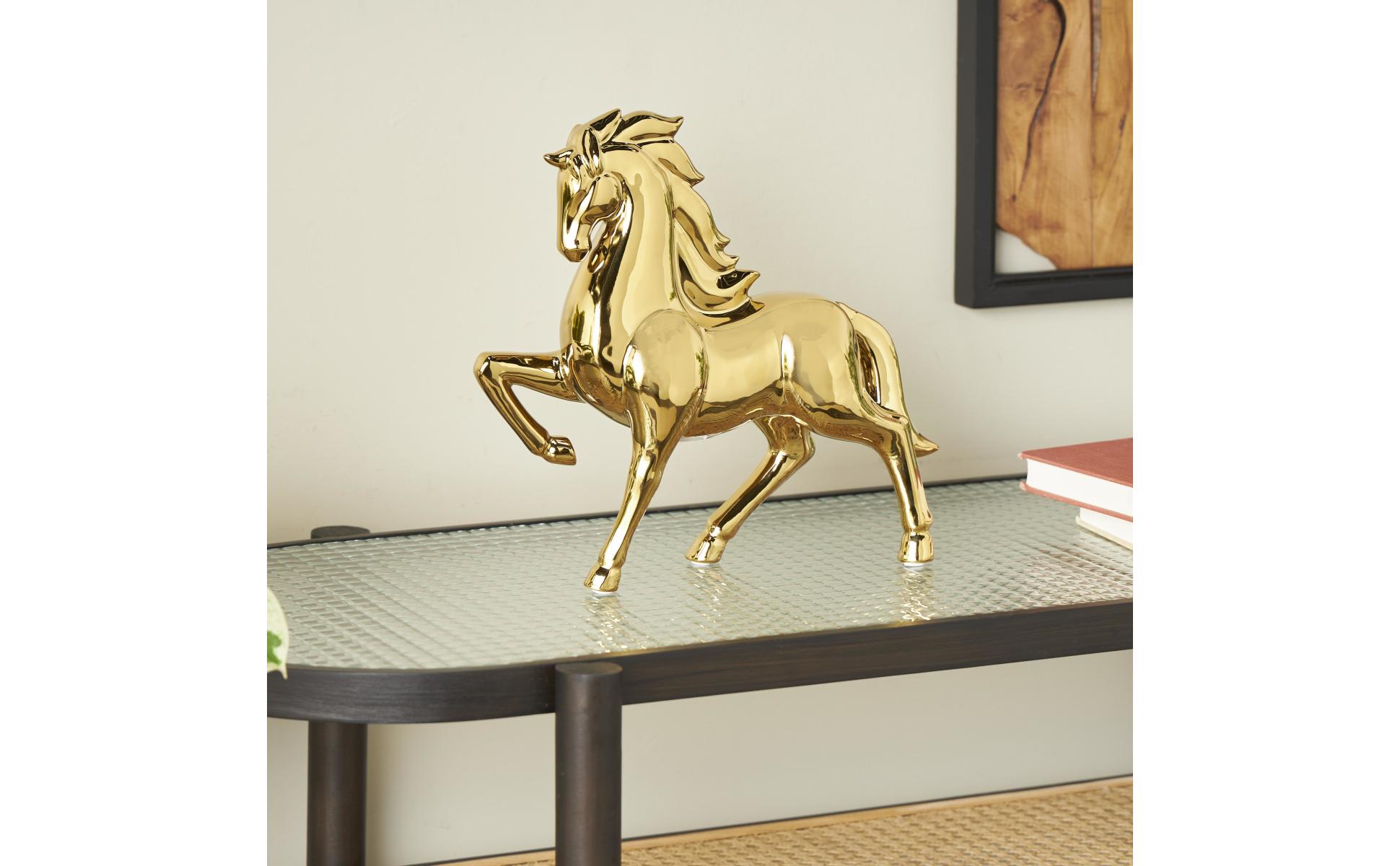 Litton Lane 4 in. x 12 in. Gold Ceramic Prancing Horse Sculpture