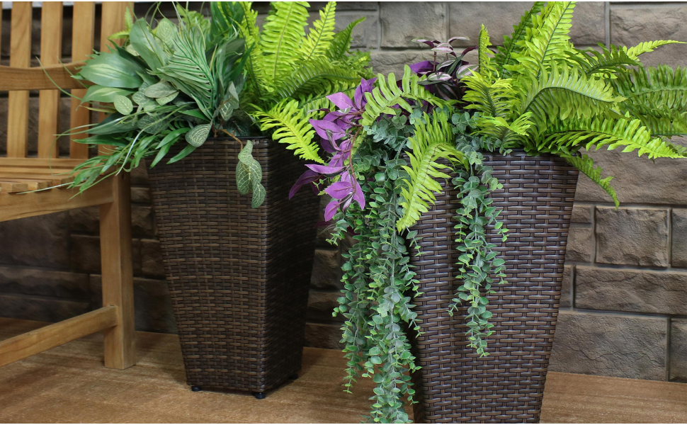 Free Shipping! Sunnydaze Polyrattan Tall Square Planter - Brown ...