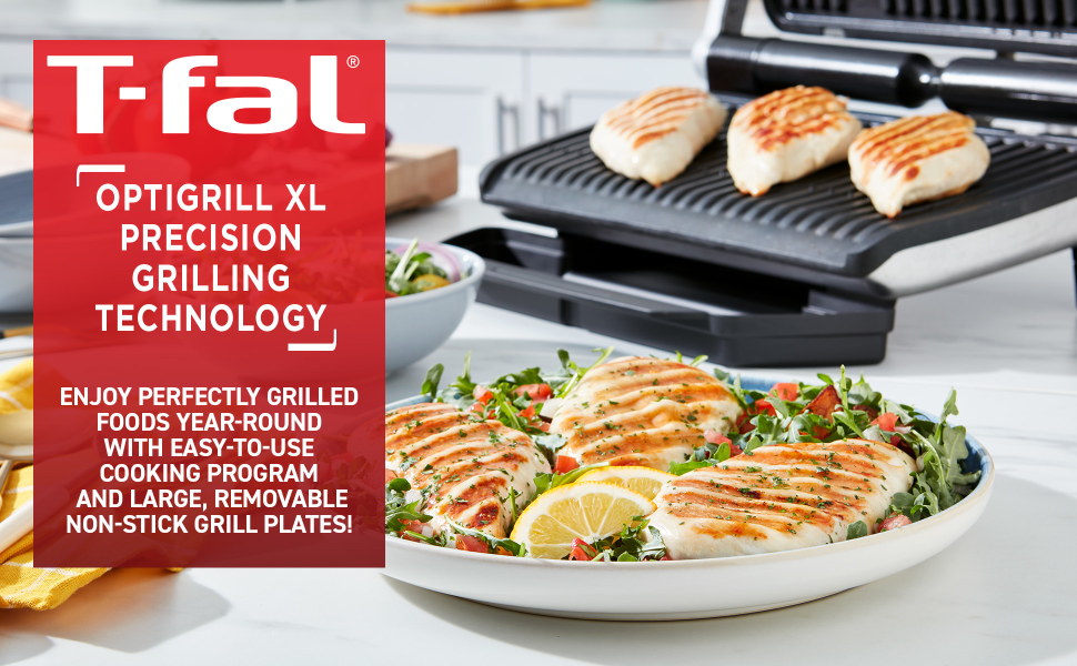 7211001330 T-fal GC7 Opti-Grill Indoor Electric Grill, 4-Servings,  Automatic Sensor Cooking, Silver