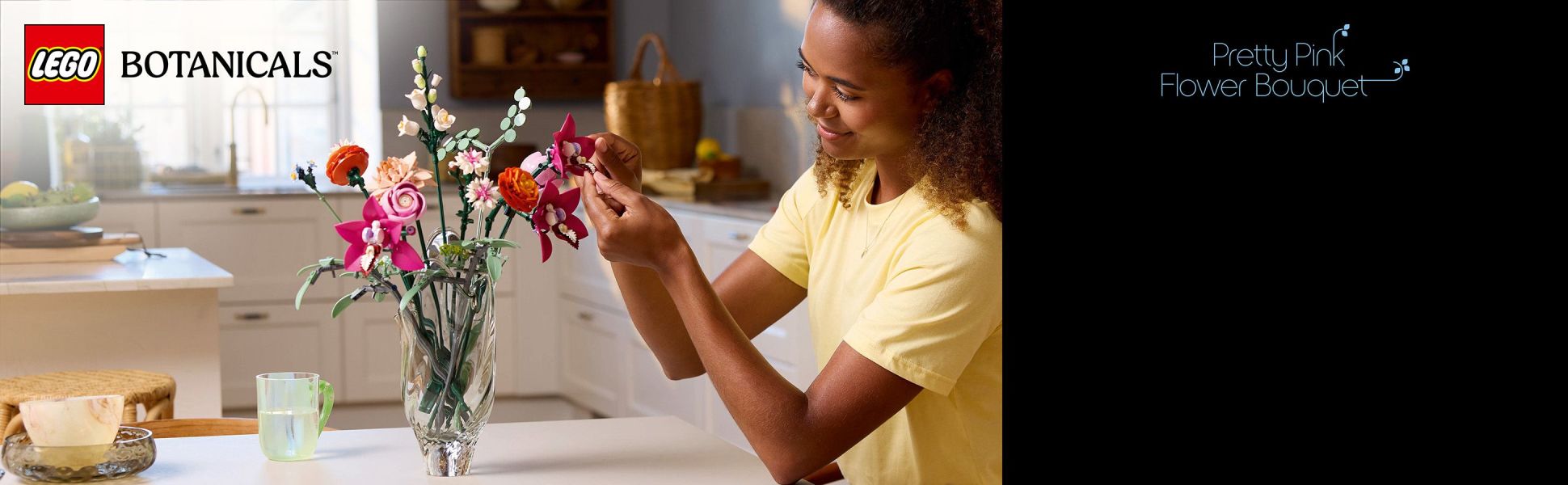 Create a brick-built floral display with the LEGO Botanicals Pretty Pink Flower Bouquet building kit for adults.