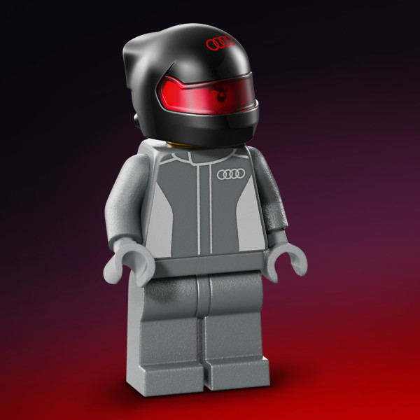 Race car comes with a minifigure in an Audi outfit.