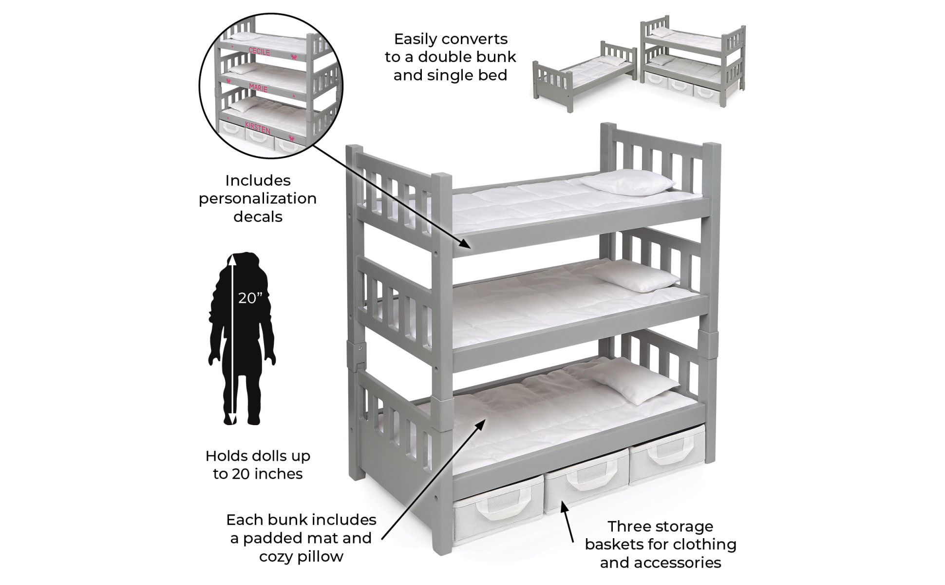 Badger Basket Doll Crib with Storage Baskets and Stick-on Decals for 20  inch Dolls - Gray