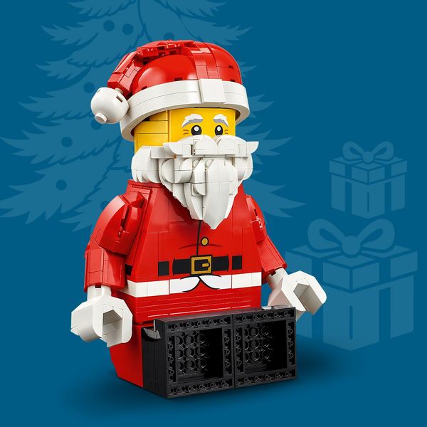 Features the classic red outfit and hat, plus a white beard.