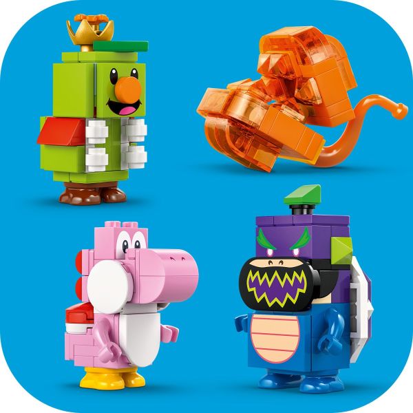 A Pink Yoshi, a Fiery Note Piranha, Prince Florian and Wonder Bowser Jr.
