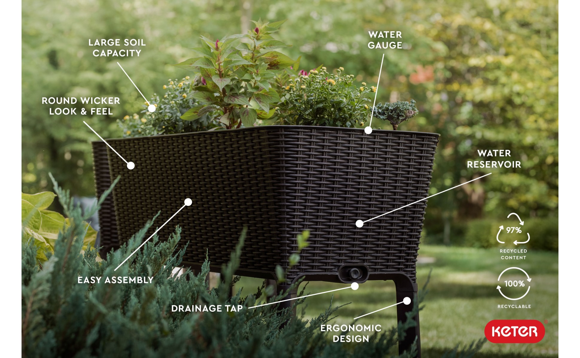 Keter Resin Elevated Garden, All Weather, Self-Watering Plastic Planter, Brown Rattan Keter Resin Elevated Garden, All Weather, Self-Watering Plastic Planter, Brown Rattan