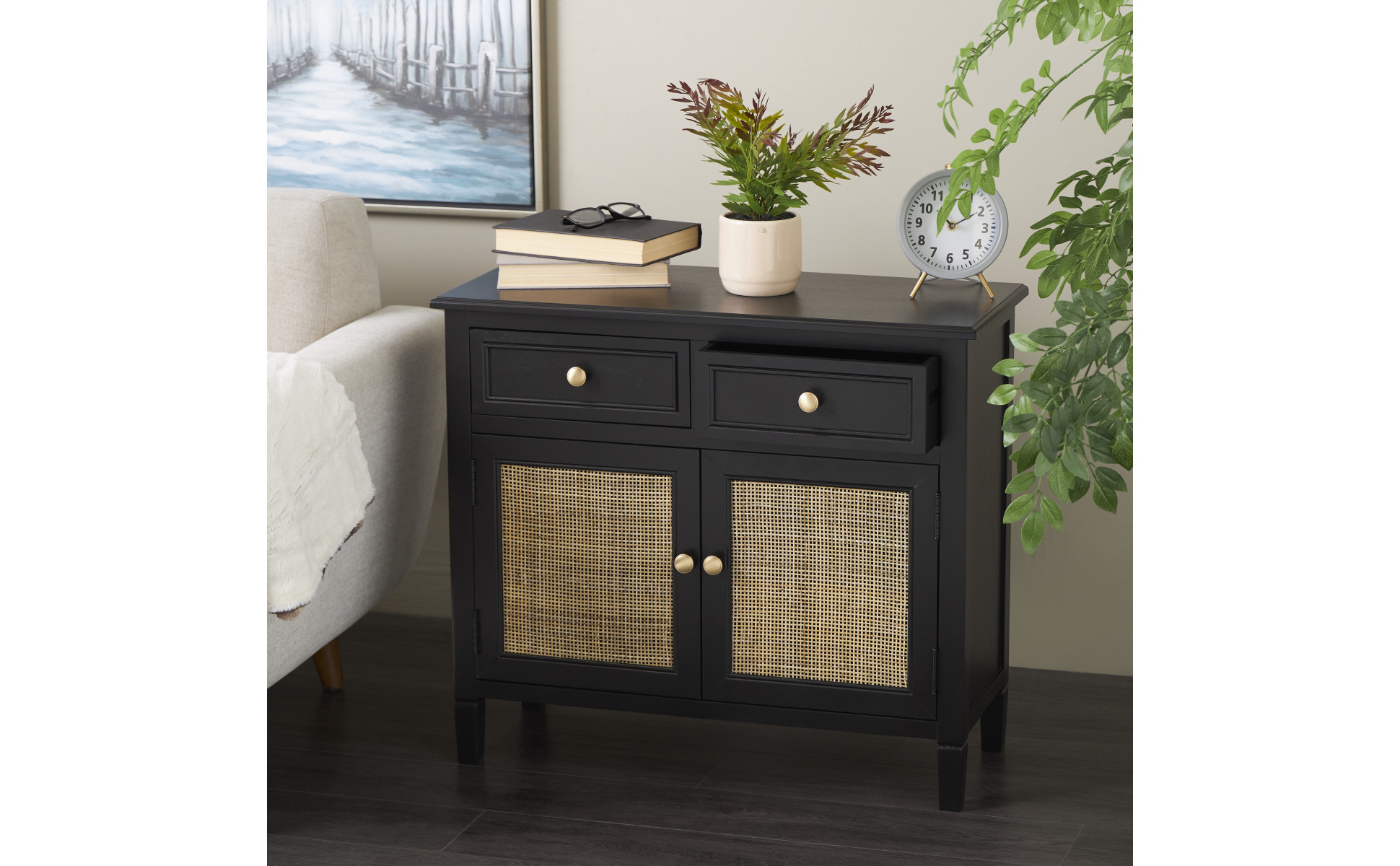 【vani】キャビネット Litton Lane Black Wood 26 in. 2 Drawers and 2 Door Cabinet with