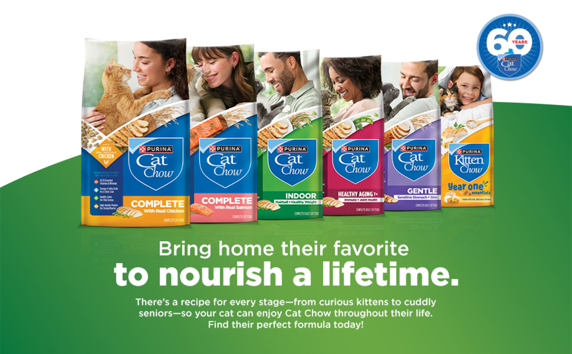 A row of five Purina Cat Chow bags and one Purina Kitten Chow bag is displayed in different colors, representing the following formulas: Complete (Chicken), Complete (Salmon), Indoor, Healthy Aging 7+, Gentle, and Kitten Chow. The bags stand on a green geometric background. In the upper-right corner, there is a Cat Chow 60 year anniversary badge.