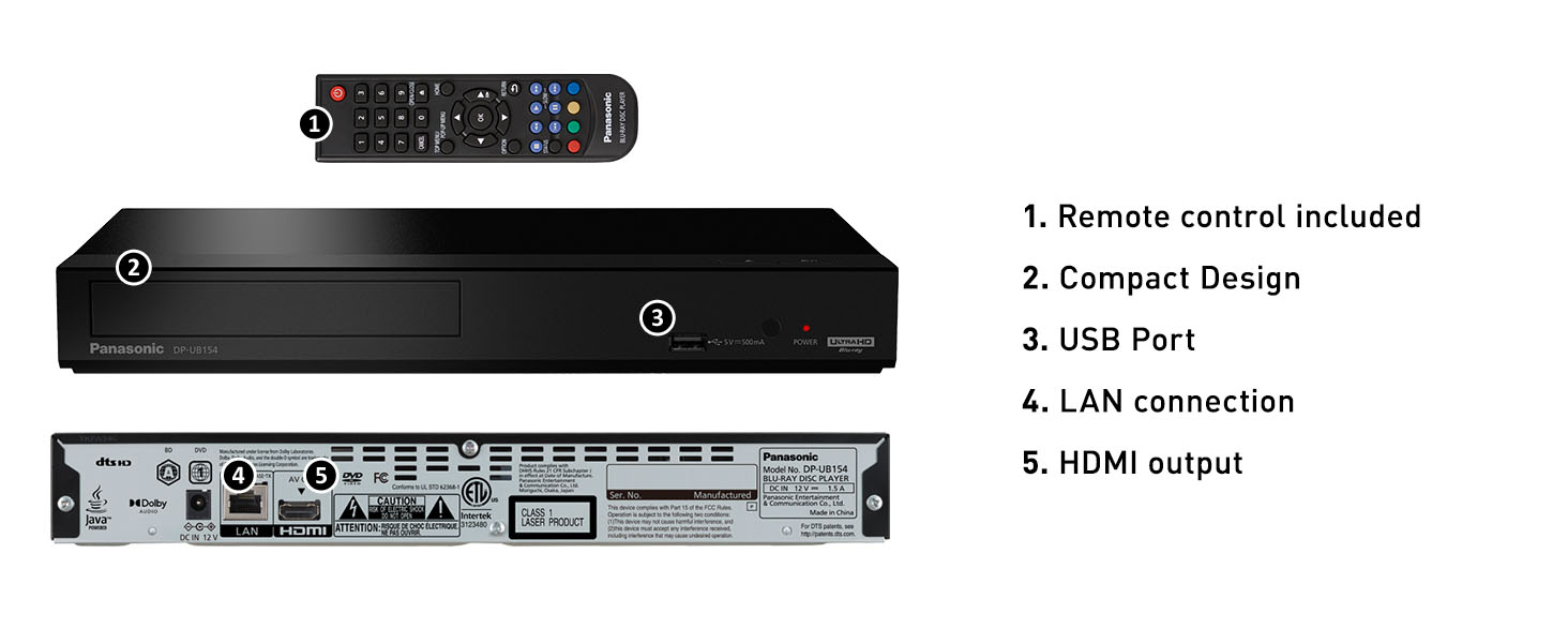 Panasonic 4K Ultra HD Audio DVD/CD/3D Blu Ray Player, DP UB154P K