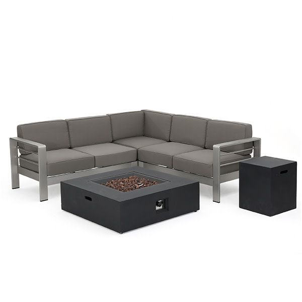 Noble House Camille Outdoor Aluminum 5 Piece V-Shape Sectional Sofa Set  with Cushions and Fire Table, Black, Light Gray 