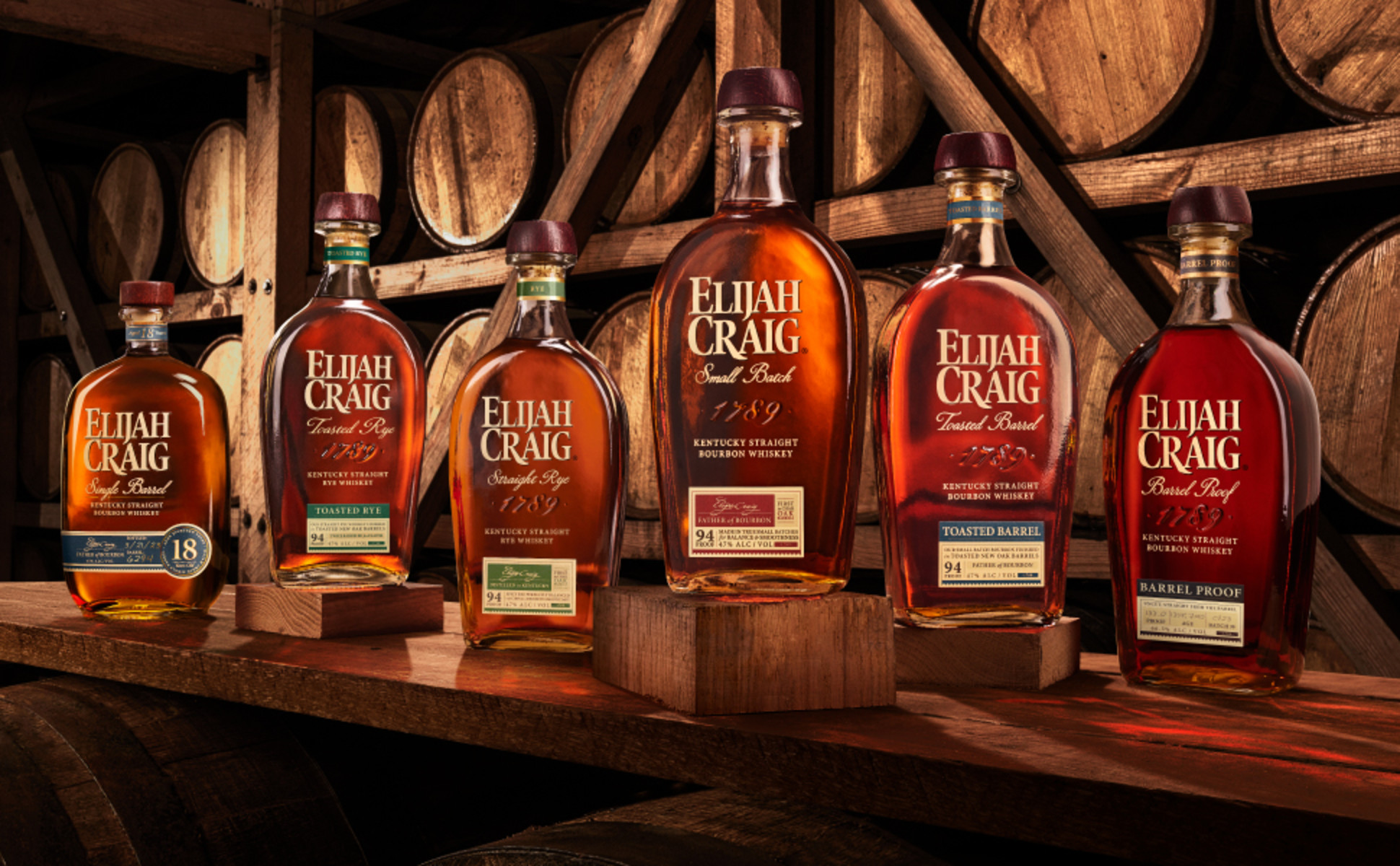 EC family in a rickhouse: 18 Year, Toasted Rye, Rye, Small Batch, Toasted Barrel, and Barrel Proof