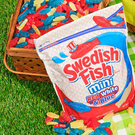 Swedish Fish Mini Red White & Blue Soft & Chewy Candy - 1.8 lb Resealable  Bag 
