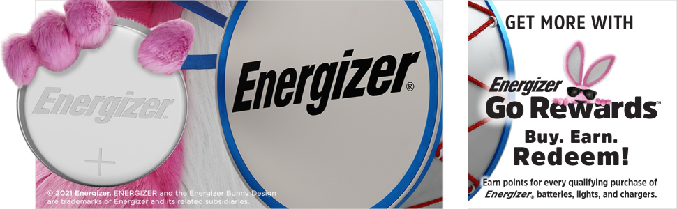 The Energizer Bunny is holding a large Energizer disc battery and the Energizer drum.