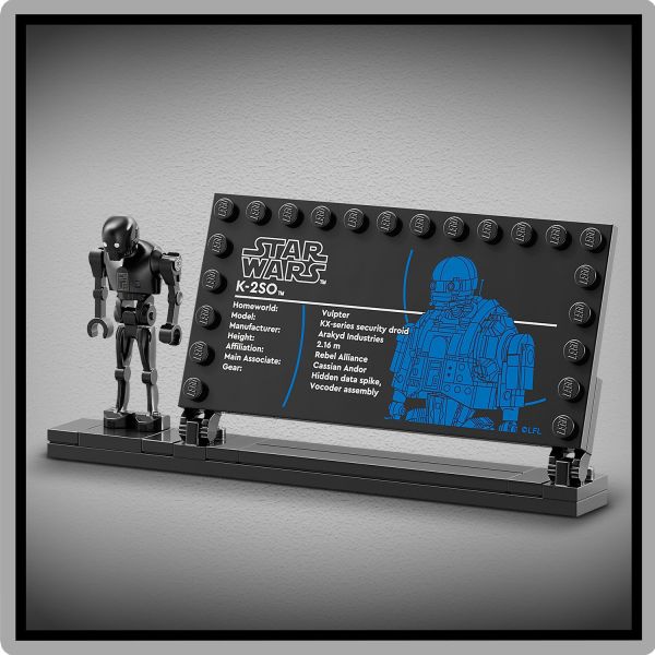 A standard-size K-2SO LEGO droid figure and information plaque.