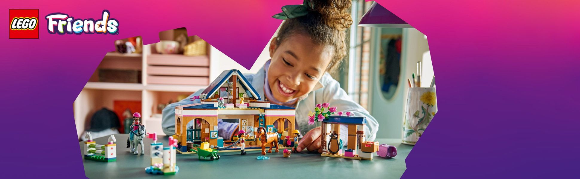 This detailed LEGO Friends Horse Stable and Riding Academy includes 3 minidolls, 2 horse figures, a puppy, a cat and lots of accessories to inspire imaginative play.